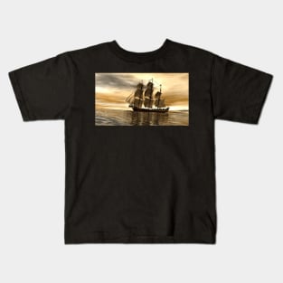 Pirate ship navagating on early morning Kids T-Shirt